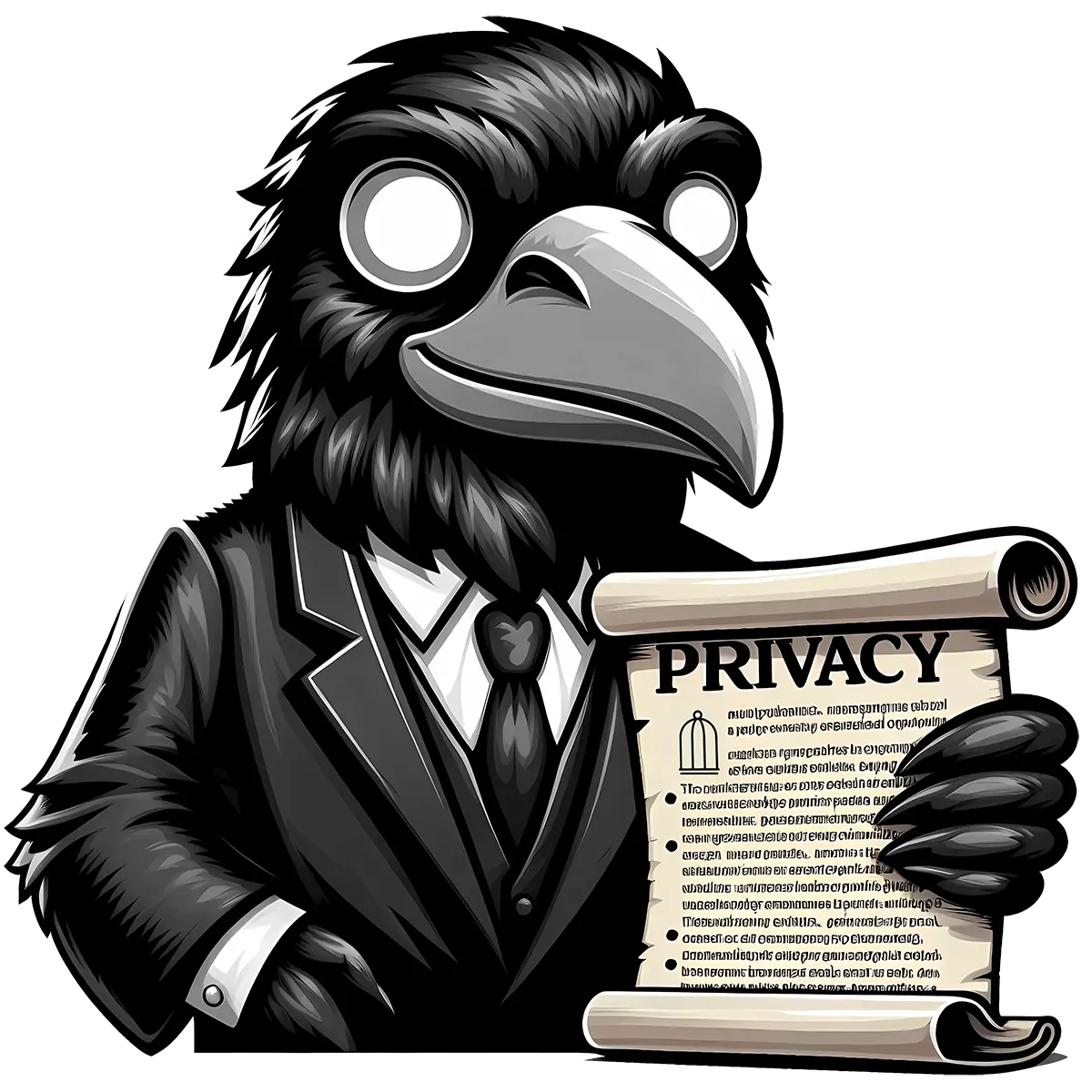 Illustration of a crow in a suit holding a privacy document