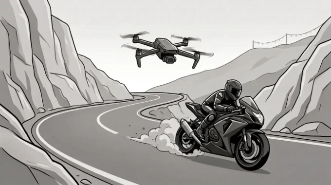 Ilustración de persecución FPV: dron siguiendo a una moto en carretera