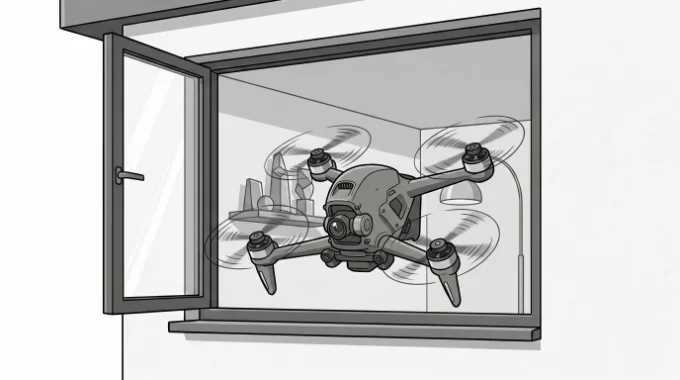 Ilustración de un vuelo FPV inmobiliario, entrando por la ventana de una vivienda